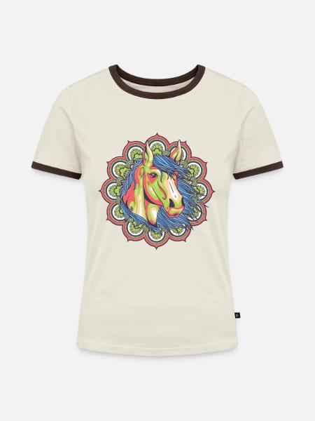 Mandala Pferdekopf - Frauen Kontrast-T-Shirt - Off-White/Dunkelbraun