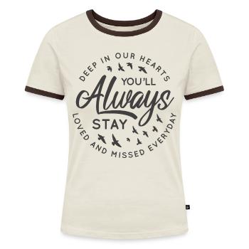 Erinnerung Trauer Trauern Spruch Andenken Erinnern - Frauen Kontrast-T-Shirt - Off-White/Dunkelbraun - Vorne - AI Model Female 172 dark (172cm)