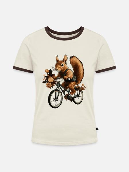 Squirrel Riding A Bicycle - Frauen Kontrast-T-Shirt - Off-White/Dunkelbraun