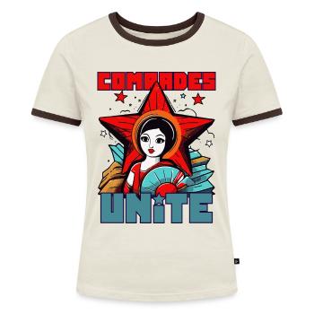 Genossen vereint Euch! Eine sozialistische Parodie - Frauen Kontrast-T-Shirt - Off-White/Dunkelbraun - Vorne - AI Model Female 172 dark (172cm)