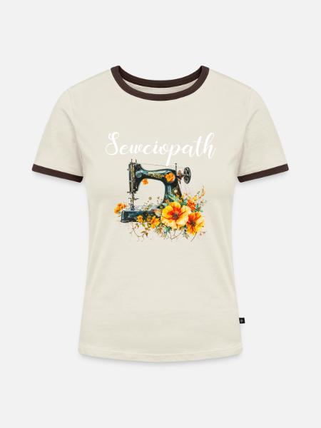 Sewciopath, Quilting sewing - Frauen Kontrast-T-Shirt - Off-White/Dunkelbraun