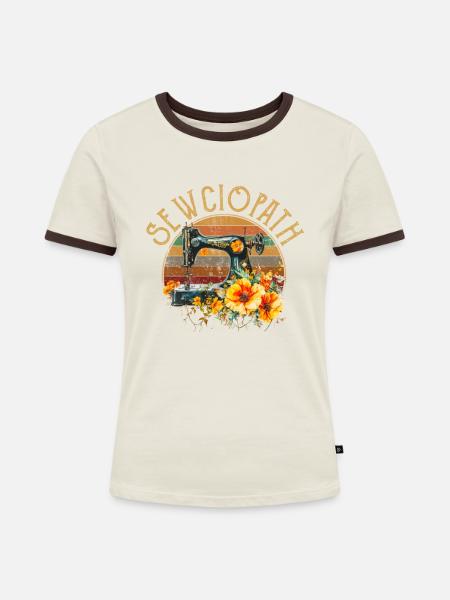 Sewciopath, Quilting sewing - Frauen Kontrast-T-Shirt - Off-White/Dunkelbraun