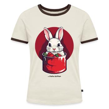 Häschen in der Dose - Frauen Kontrast-T-Shirt - Off-White/Dunkelbraun - Vorne - AI Model Female 172 dark (172cm)