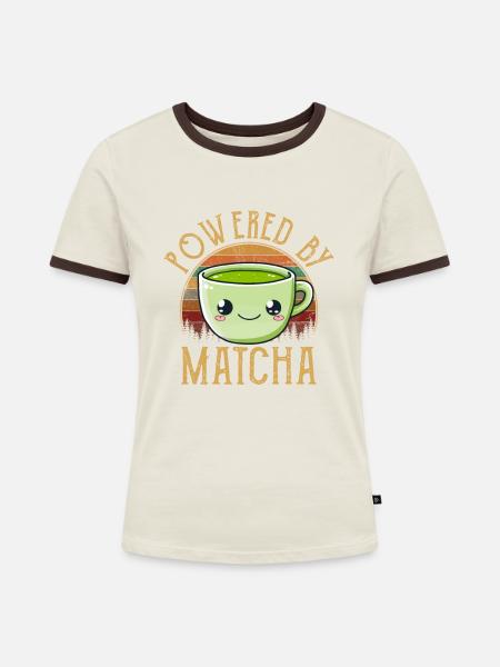 powered by matcha, matcha - Frauen Kontrast-T-Shirt - Off-White/Dunkelbraun