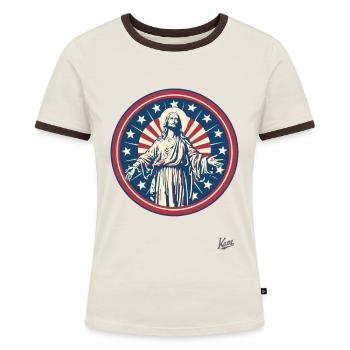 Patriotischer Amerikanischer Jesus - Frauen Kontrast-T-Shirt - Off-White/Dunkelbraun - Vorne - AI Model Female 172 dark (172cm)