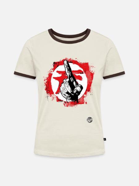 mit dem Zeigefinger zeigen - Frauen Kontrast-T-Shirt - Off-White/Dunkelbraun
