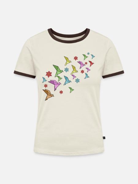 Origami Vögel - Frauen Kontrast-T-Shirt - Off-White/Dunkelbraun