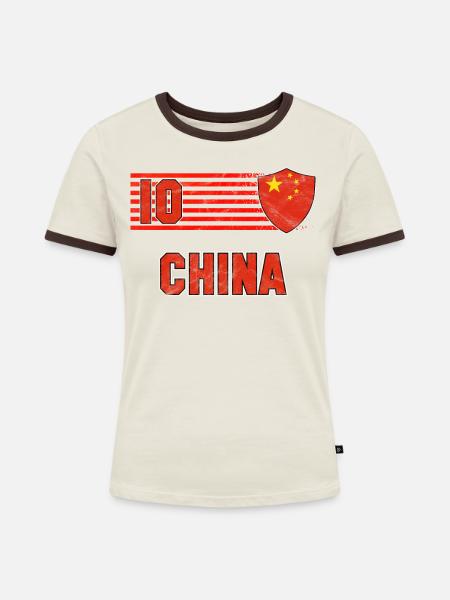 China - Frauen Kontrast-T-Shirt - Off-White/Dunkelbraun