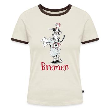 Bremer Stadtmusikanten - Frauen Kontrast-T-Shirt - Off-White/Dunkelbraun - Vorne - AI Model Female 172 dark (172cm)