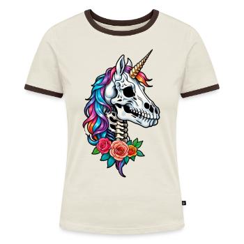 Einhorn-Skelett - Frauen Kontrast-T-Shirt - Off-White/Dunkelbraun - Vorne - AI Model Female 172 dark (172cm)