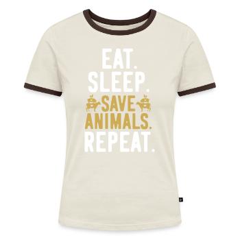 Vegan Veganer Veganerin Repeat - Frauen Kontrast-T-Shirt - Off-White/Dunkelbraun - Vorne - AI Model Female 172 dark (172cm)