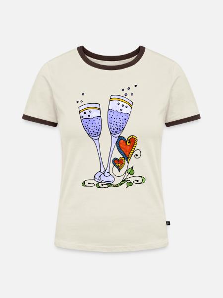 Brille - Frauen Kontrast-T-Shirt - Off-White/Dunkelbraun