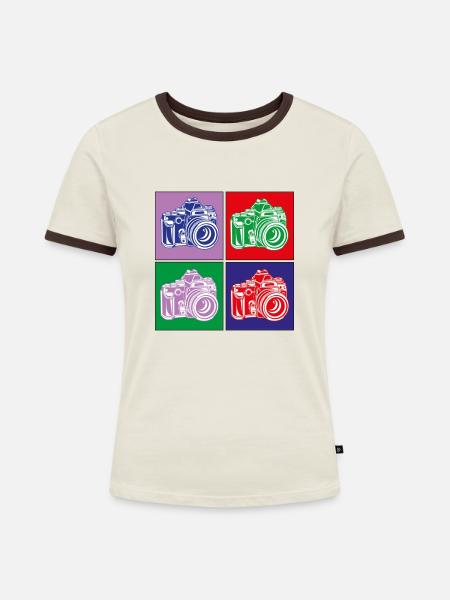 Pop Art Kamera - Frauen Kontrast-T-Shirt - Off-White/Dunkelbraun