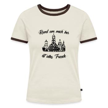 Biberacher Schützenfest - Frauen Kontrast-T-Shirt - Off-White/Dunkelbraun - Vorne - AI Model Female 172 dark (172cm)