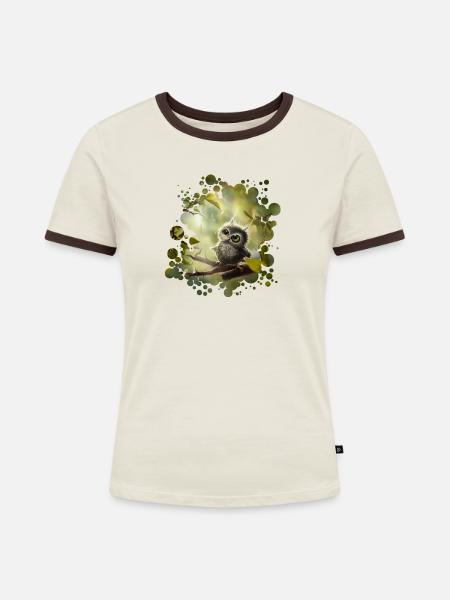 Kleine Eule - Frauen Kontrast-T-Shirt - Off-White/Dunkelbraun