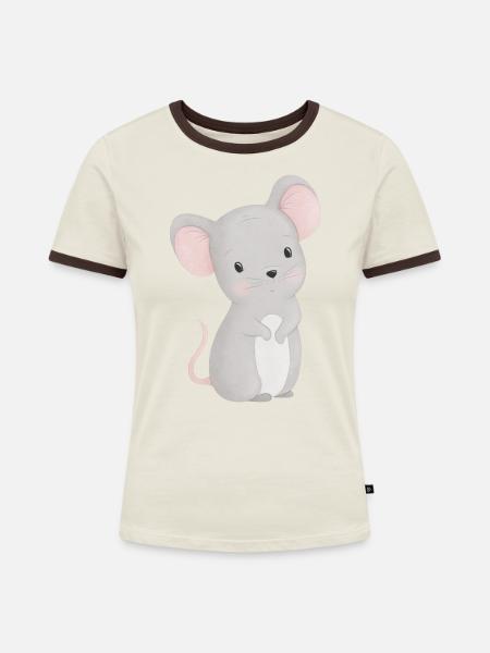 Maus - Frauen Kontrast-T-Shirt - Off-White/Dunkelbraun