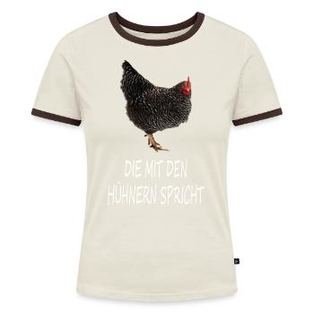 Die mit den Hühnern spricht | Sperber Huhn - Frauen Kontrast-T-Shirt - Off-White/Dunkelbraun - Vorne - AI Model Female 172 dark (172cm)