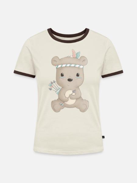 niedlicher Bär Boho - Frauen Kontrast-T-Shirt - Off-White/Dunkelbraun
