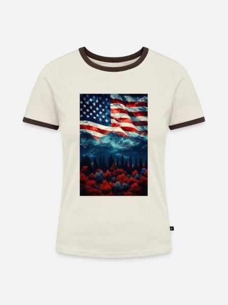 USA - Frauen Kontrast-T-Shirt - Off-White/Dunkelbraun