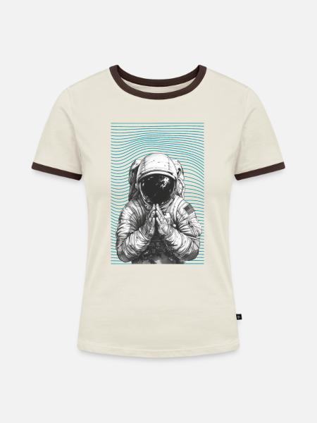 Betender Astronaut - Frauen Kontrast-T-Shirt - Off-White/Dunkelbraun