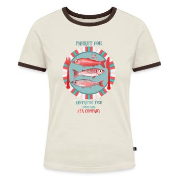 Sardinen Vintagewerbung - Frauen Kontrast-T-Shirt - Off-White/Dunkelbraun - Vorne - AI Model Female 172 dark (172cm)