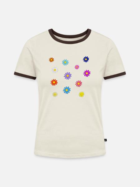 Bunte Blumenwiese - Frauen Kontrast-T-Shirt - Off-White/Dunkelbraun