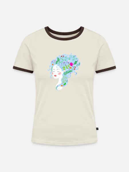 Frau mit blauem Blumenhaar - Frauen Kontrast-T-Shirt - Off-White/Dunkelbraun