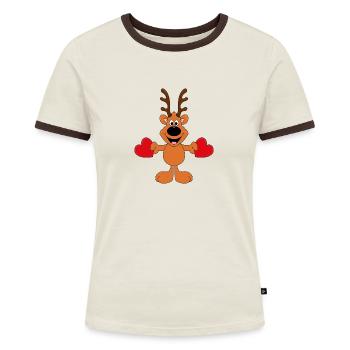 REH - TIER - LIEBE - LOVE - TIERLIEB - VERLIEBT - Frauen Kontrast-T-Shirt - Off-White/Dunkelbraun - Vorne - AI Model Female 172 dark (172cm)