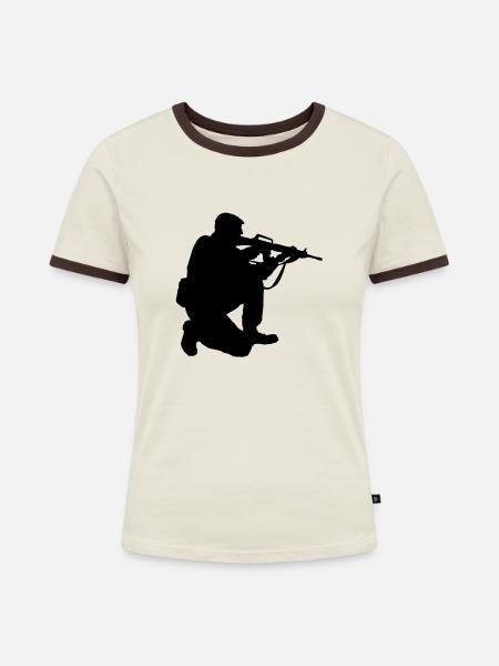 militär - Frauen Kontrast-T-Shirt - Off-White/Dunkelbraun