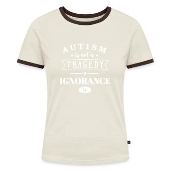 Autism is not a tragedy | Farbwechsel möglich - Frauen Kontrast-T-Shirt - Off-White/Dunkelbraun - Vorne - AI Model Female 172 dark (172cm)
