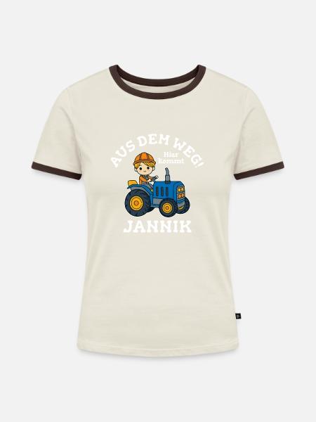 Jannik Vorname Traktor - Frauen Kontrast-T-Shirt - Off-White/Dunkelbraun