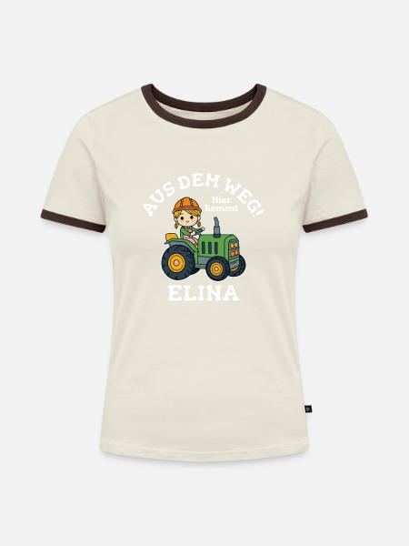 Elina Name Traktor - Frauen Kontrast-T-Shirt - Off-White/Dunkelbraun