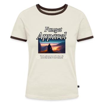 Das Glück deines Lebens hängt davon ab, - Frauen Kontrast-T-Shirt - Off-White/Dunkelbraun - Vorne - AI Model Female 172 dark (172cm)