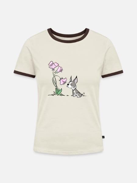 Süßer Hund mit Blümchen - Frauen Kontrast-T-Shirt - Off-White/Dunkelbraun