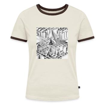 MC Escher Zeichnung des Eiffelturms - Frauen Kontrast-T-Shirt - Off-White/Dunkelbraun - Vorne - AI Model Female 172 dark (172cm)