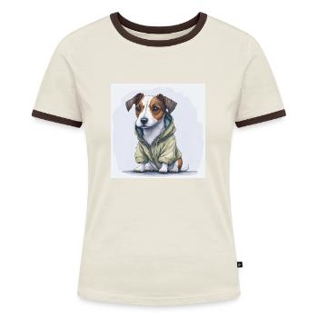 Jack Russel Terrier im Hoodie. - Frauen Kontrast-T-Shirt - Off-White/Dunkelbraun - Vorne - AI Model Female 172 dark (172cm)