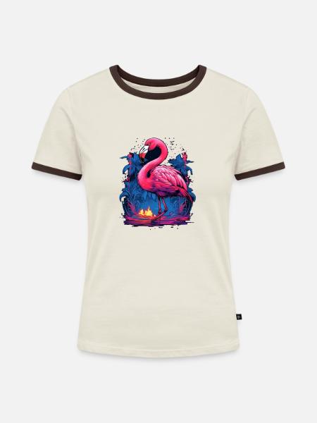 Rosa Flamingo / Flamingo - Frauen Kontrast-T-Shirt - Off-White/Dunkelbraun