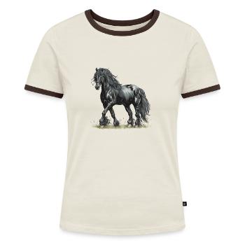 Friese Pferd | Der Friese | Friesenpferd - Frauen Kontrast-T-Shirt - Off-White/Dunkelbraun - Vorne - AI Model Female 172 dark (172cm)