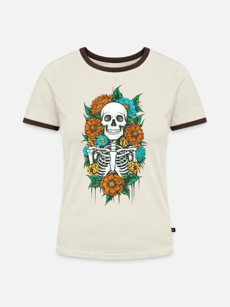 Floral Skeleton 2 - Frauen Kontrast-T-Shirt - Off-White/Dunkelbraun