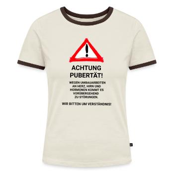 Achtung Pubertät! - Frauen Kontrast-T-Shirt - Off-White/Dunkelbraun - Vorne - AI Model Female 172 dark (172cm)