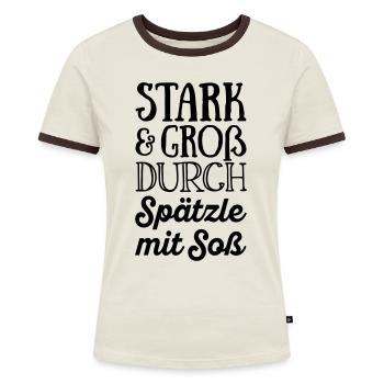 Stark und groß durch Spätzle mit Soß - Farbwechsel - Frauen Kontrast-T-Shirt - Off-White/Dunkelbraun - Vorne - AI Model Female 172 dark (172cm)