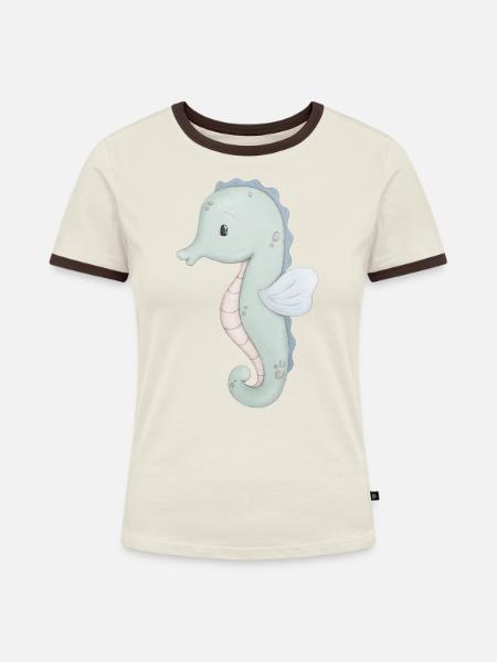 Seepferd - Frauen Kontrast-T-Shirt - Off-White/Dunkelbraun