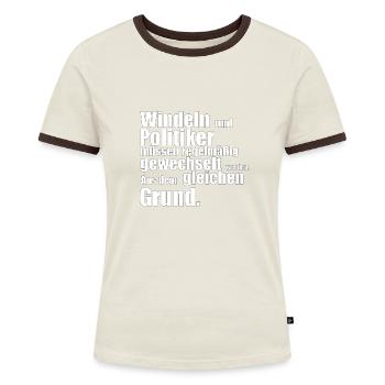 Windeln und Politiker müssen regelmäßig gewechselt - Frauen Kontrast-T-Shirt - Off-White/Dunkelbraun - Vorne - AI Model Female 172 dark (172cm)