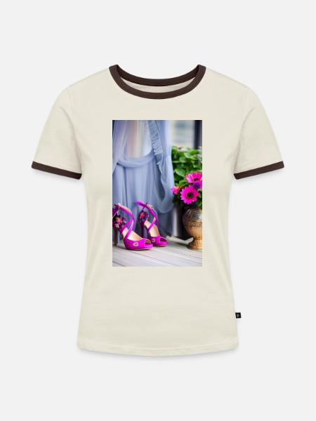 Pink High Heels - Frauen Kontrast-T-Shirt - Off-White/Dunkelbraun