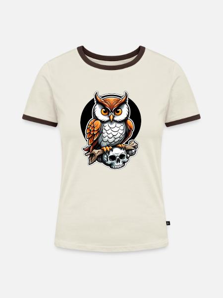 Eule sitzt auf Skull - Frauen Kontrast-T-Shirt - Off-White/Dunkelbraun