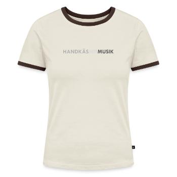 Handkäs mit Musik, grau - Frauen Kontrast-T-Shirt - Off-White/Dunkelbraun - Vorne - AI Model Female 172 dark (172cm)