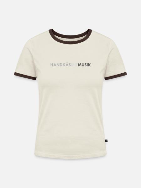 Handkäs mit Musik, grau - Frauen Kontrast-T-Shirt - Off-White/Dunkelbraun