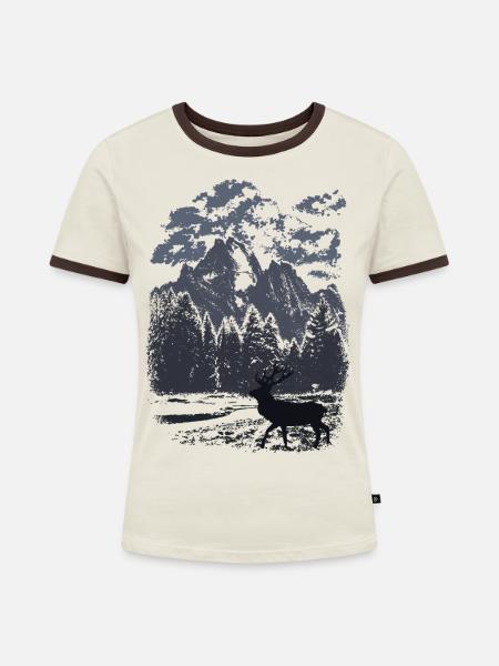 Bergwald und Rothirsch (Blau) - Frauen Kontrast-T-Shirt - Off-White/Dunkelbraun