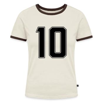 10 Jahre Nummer Trikot 10 - Frauen Kontrast-T-Shirt - Off-White/Dunkelbraun - Vorne - AI Model Female 172 dark (172cm)