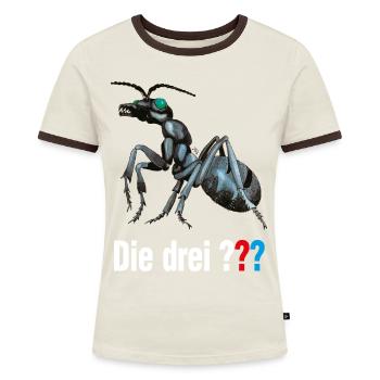 Die Drei ??? und der Ameisenmensch mit Logo - Frauen Kontrast-T-Shirt - Off-White/Dunkelbraun - Vorne - AI Model Female 172 dark (172cm)